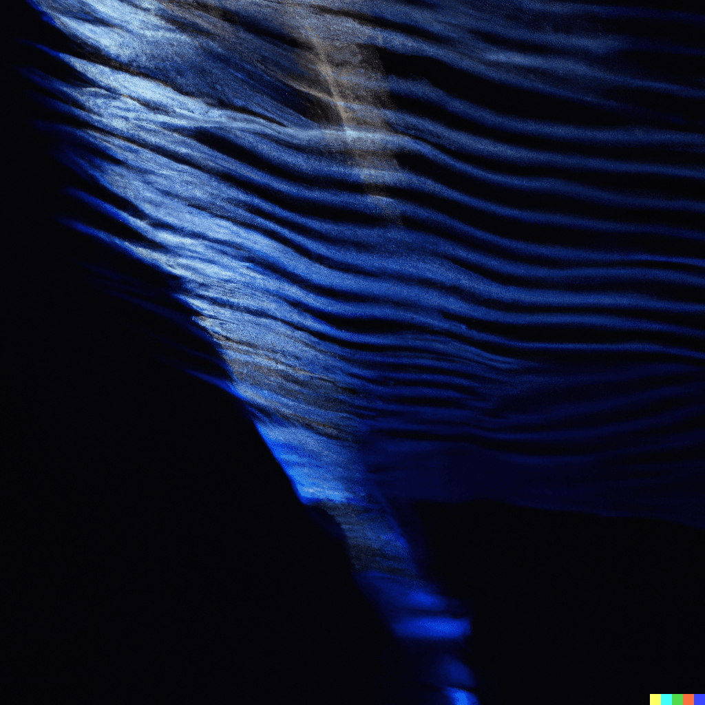 A mysterious, blue pattern of light on a dark background, waves of light diffracted in water