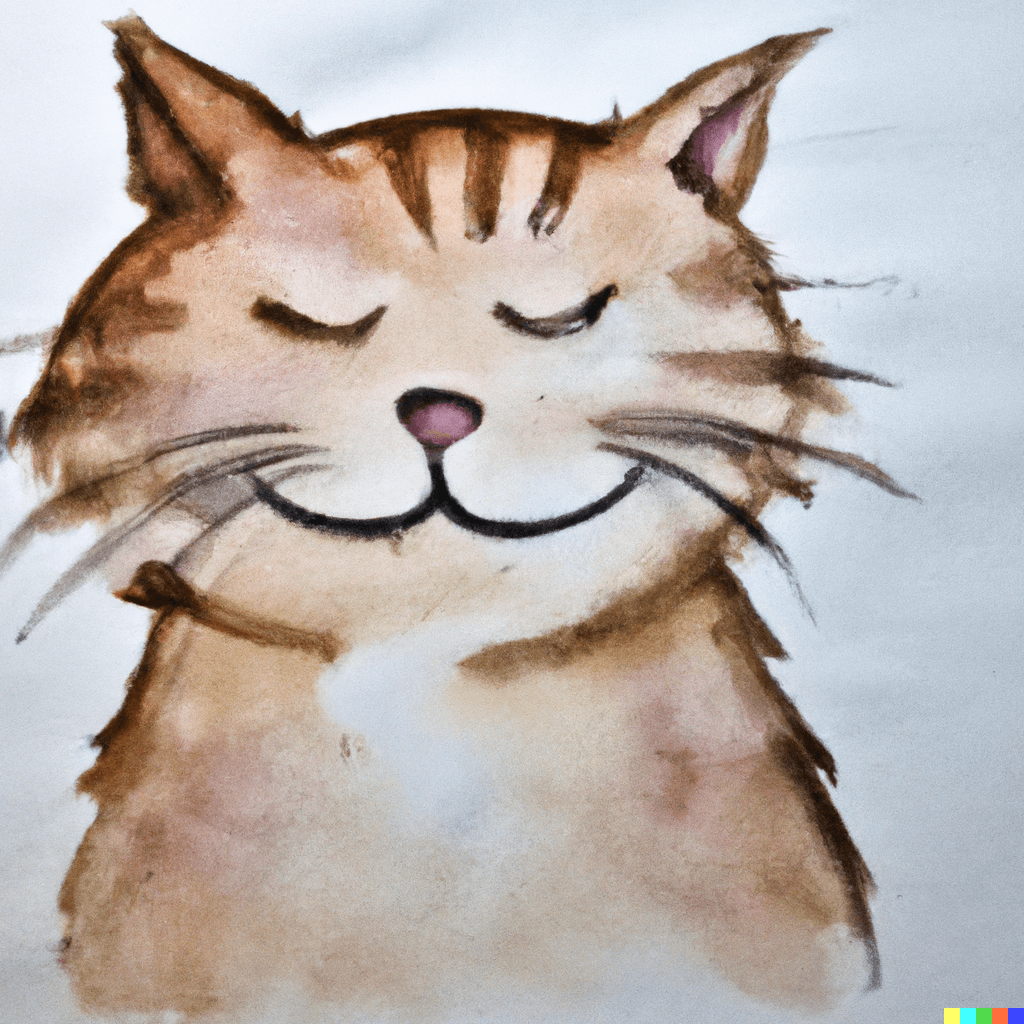 A watercolor painting of a happy cat with its eyes closed