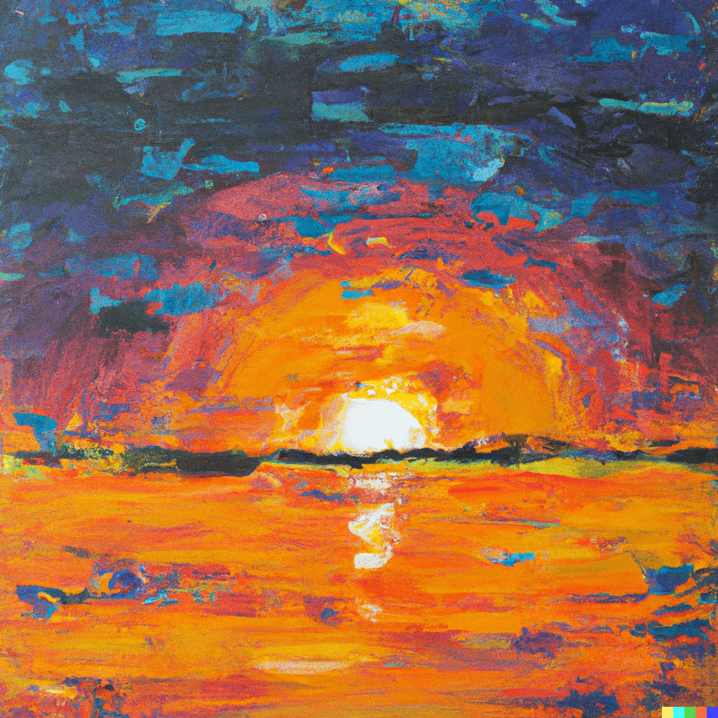 Impressionist oil painting of the sun setting, ambient album cover, beautiful, harmonious color scheme