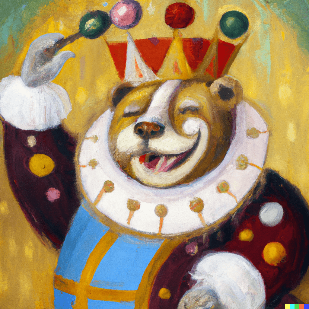 A jolly medieval court jester bear, oil painting