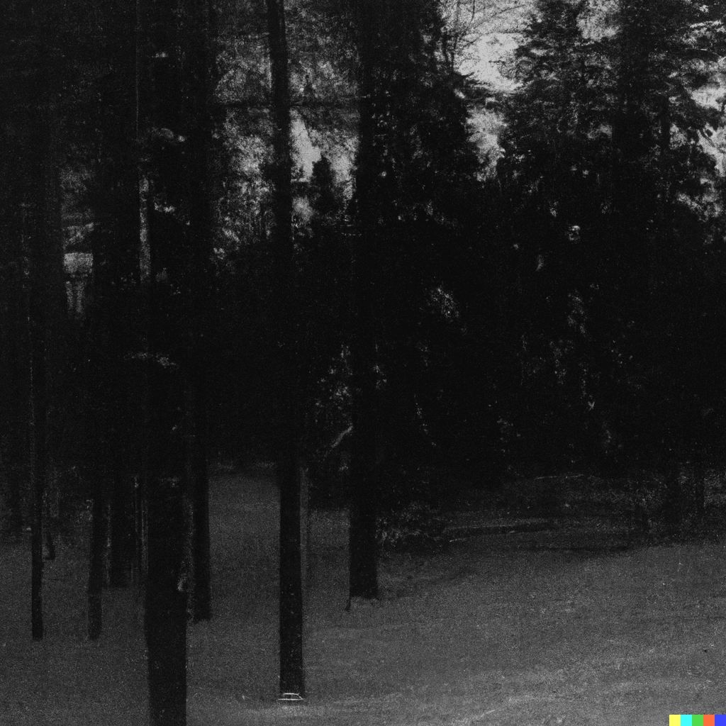 Grainy black and white film image of a Northern European forest in the winter, black metal album cover