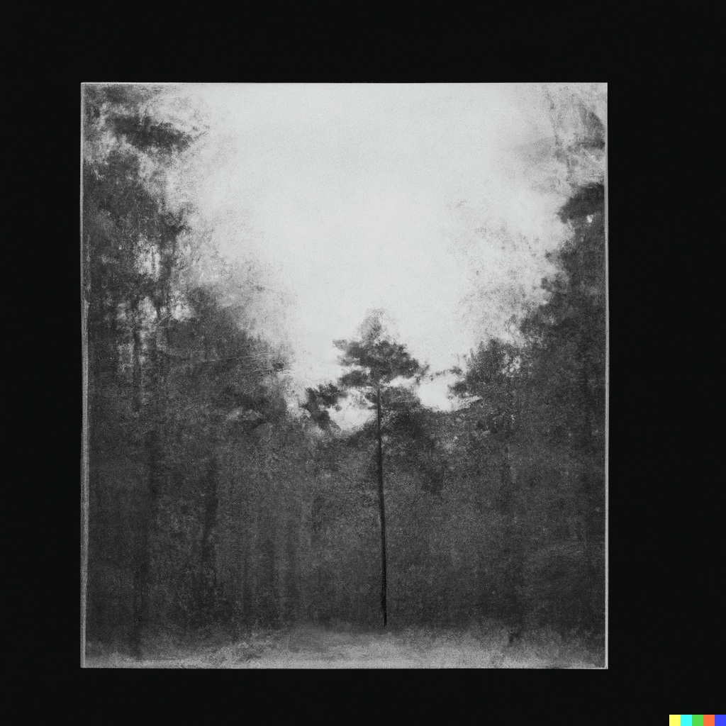 Grainy black and white film image of a Northern European forest in the winter, black metal album cover