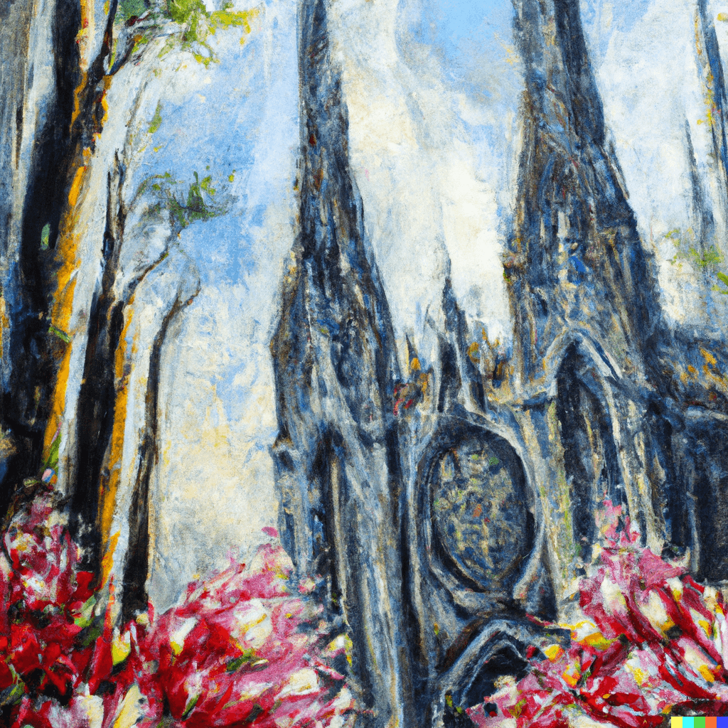 Gothic cathedral with flowers bursting out, detailed beautiful oil painting
