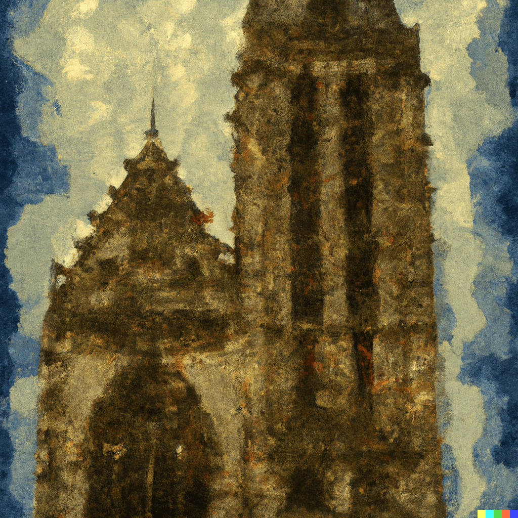 A watercolor painting of a gothic church painted by Vincent Van Gogh
