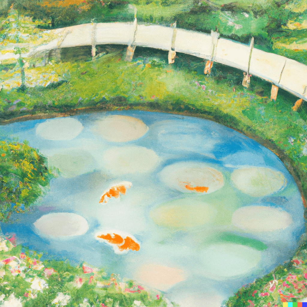 watercolor painting of a koi pond in a garden, pastel colorscape, beautiful