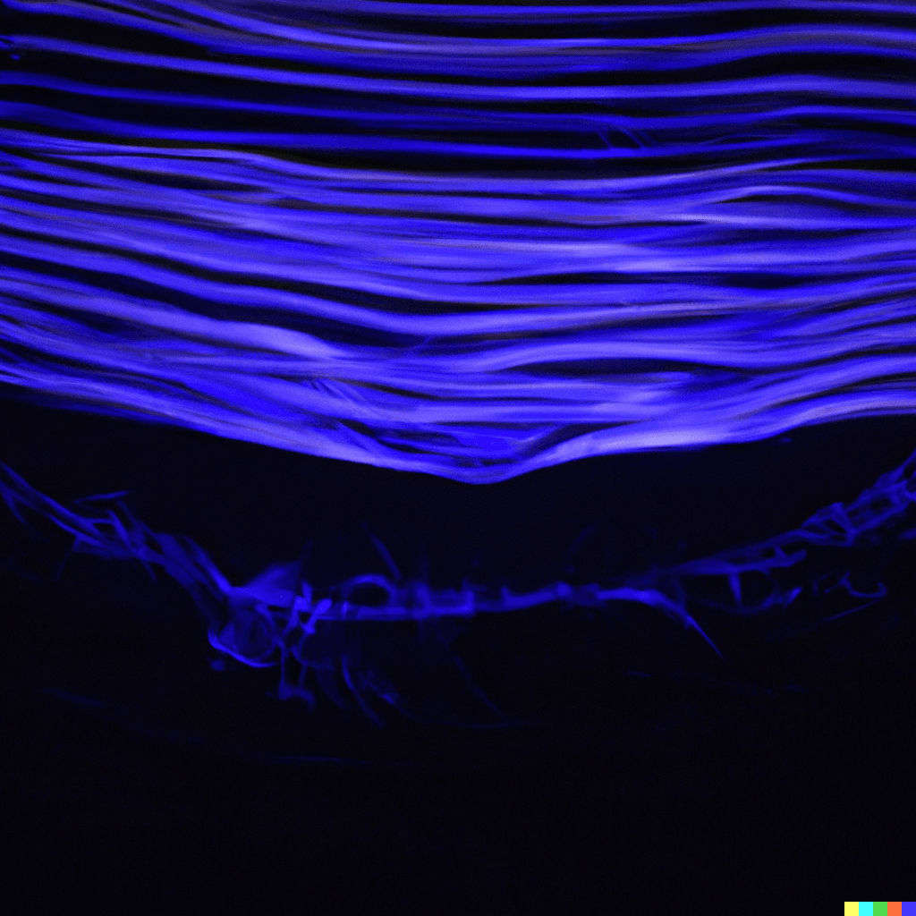 A mysterious, blue pattern of light on a dark background, waves of light diffracted in water