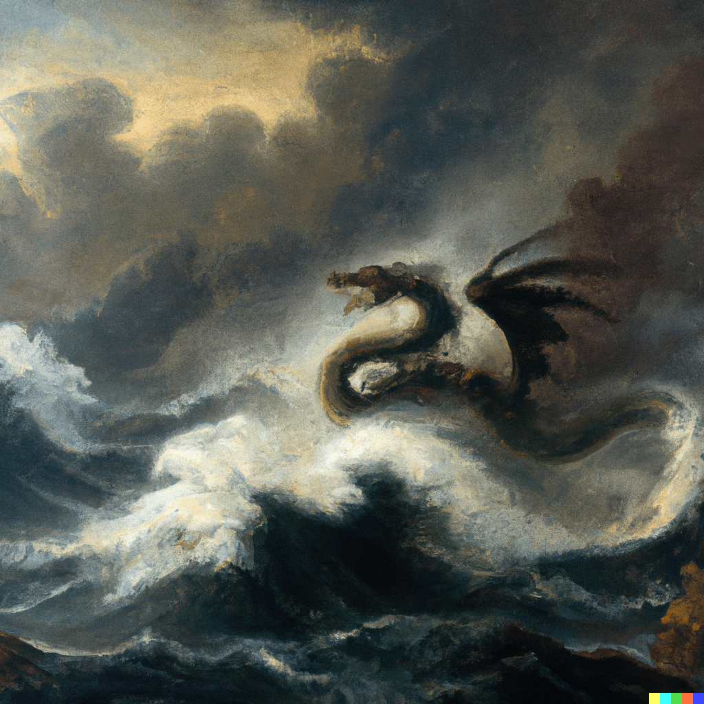 A very detailed Ivan Aivazovsky oil painting of a dragon at a stormy sea