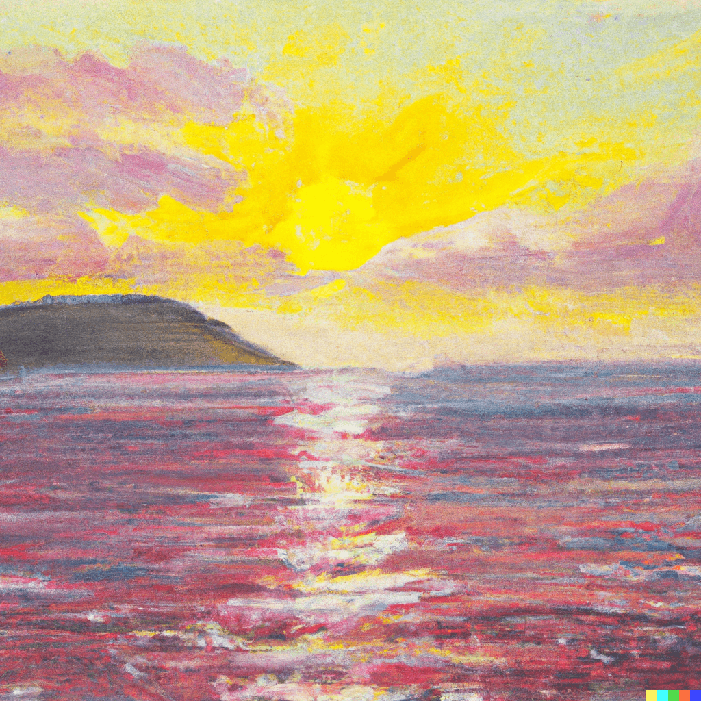 dreamy impressionist oil painting of the sea with the sun, beautiful and lovely